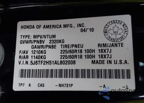 2010 Honda Accord Crosstour Ex-L from USA, damaged, VIN 5J6TF2H51AL802008